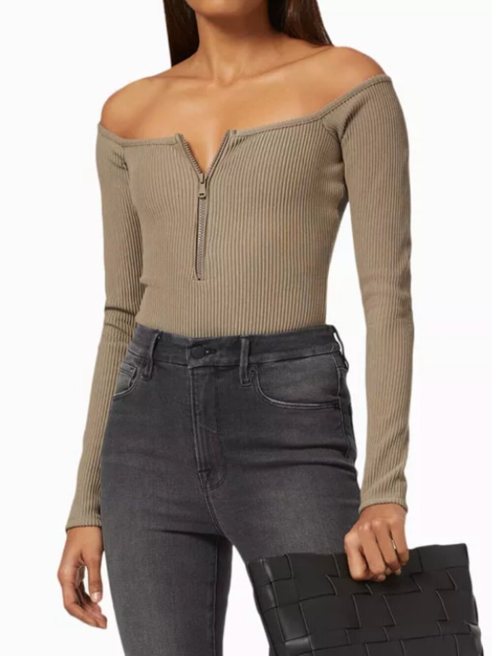 Good American Rib Off Shoulder Zip Henley Bodysuit